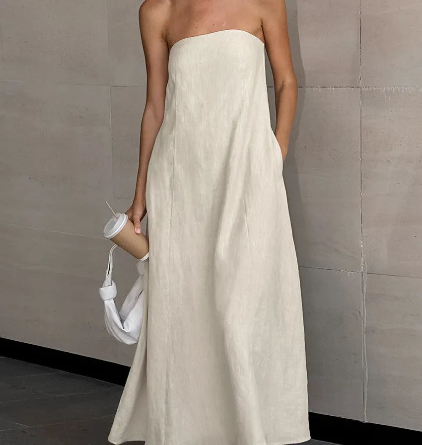 French Style Khaki Cotton Linen Tube Top Vacation Style High Waist Dress - Bellarte Enchanté French Style Khaki Cotton Linen Tube Top Vacation Style High Waist Dress